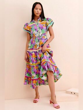 CeliaB Aneeta Purple, Green & Yellow Floral Midi Dress Size:Medium